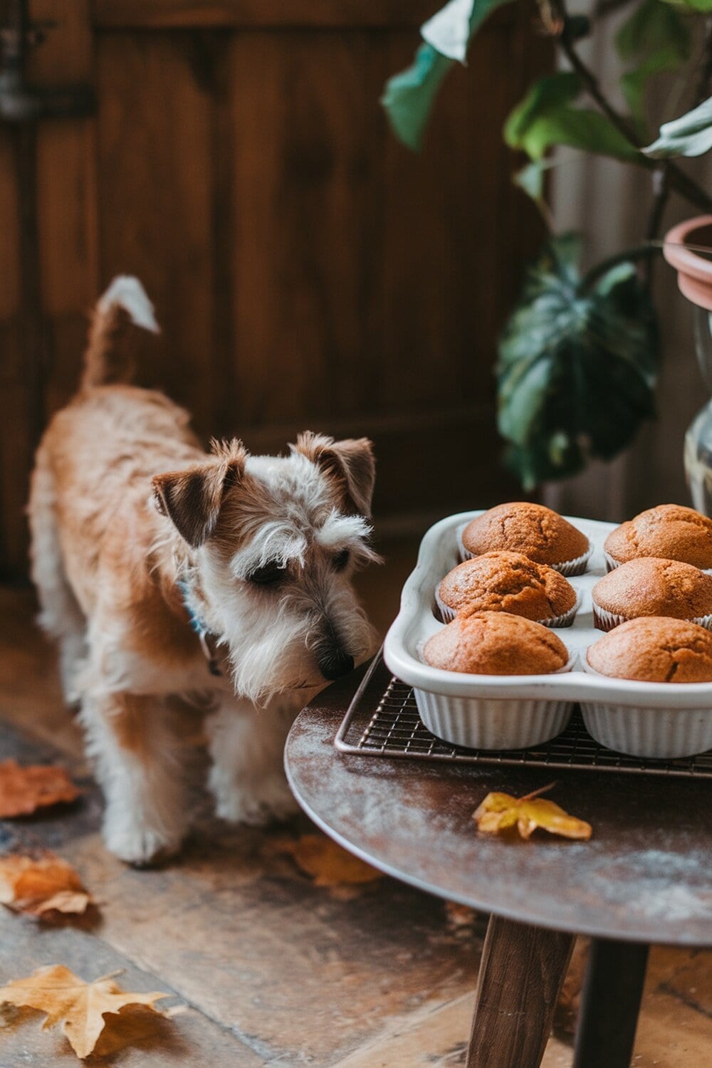 A Terrier dog curiously sniffing freshly baked pumpkin spice dog muffins on a table.