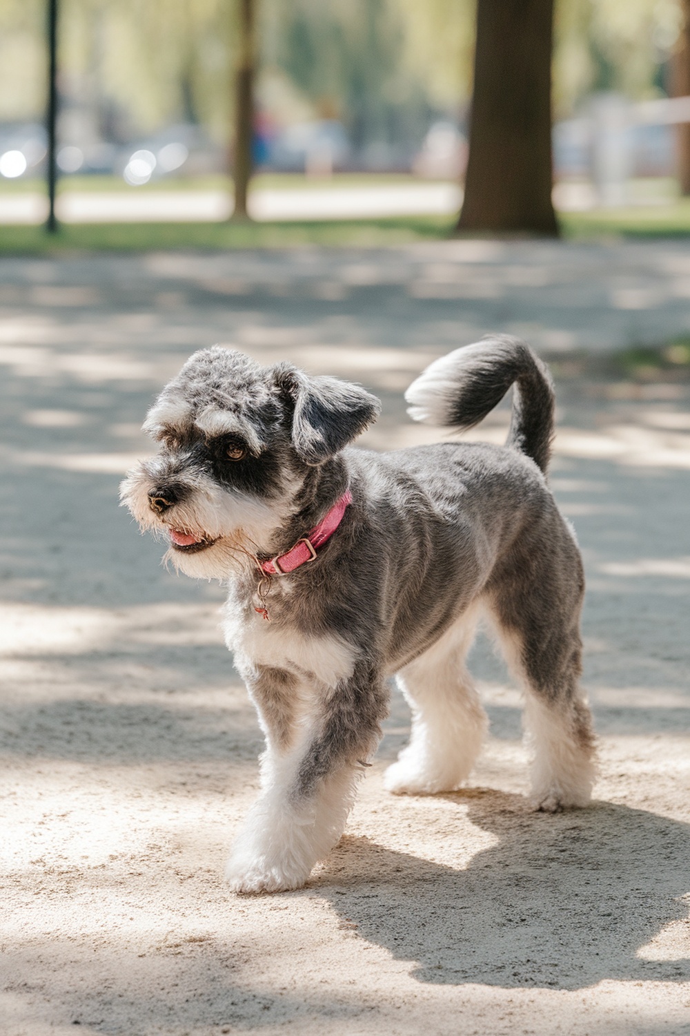 A Schnauzer and Pekingese mix dog walking in a park.