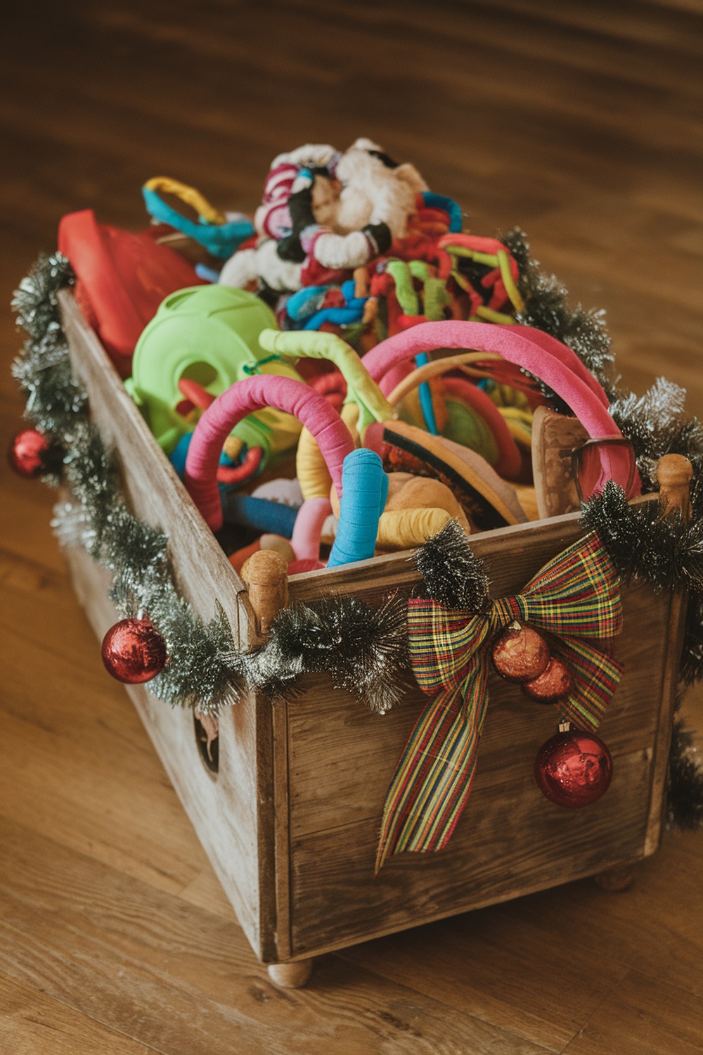 A wooden toy box filled with colorful dog toys, decorated with garland and a bow.