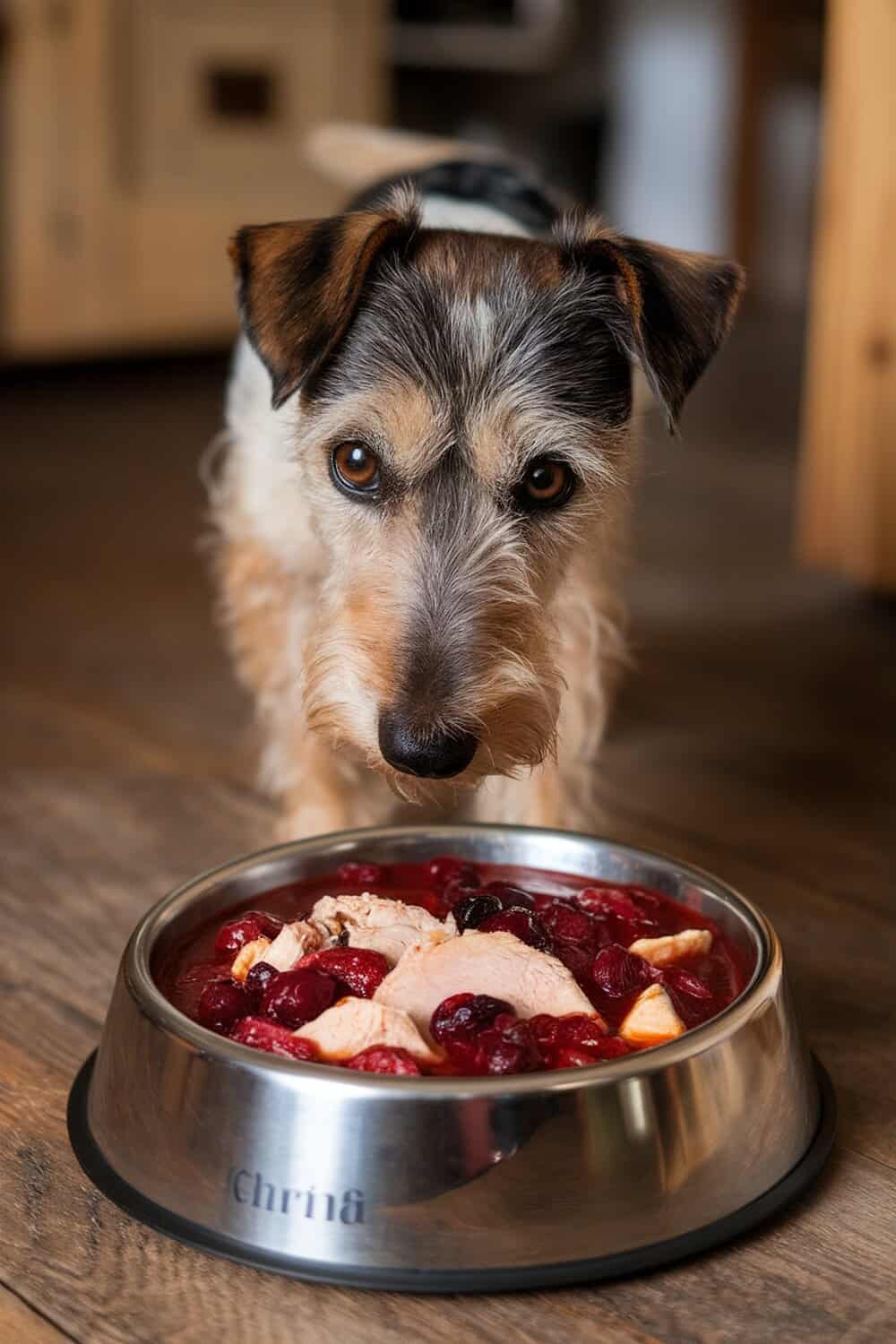 A terrier dog looking at a bowl of cranberry and turkey stew.