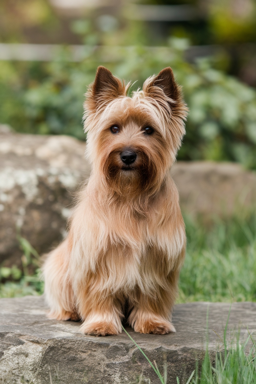 A Cairn Terrier sitting on a rock, showcasing its charming features.