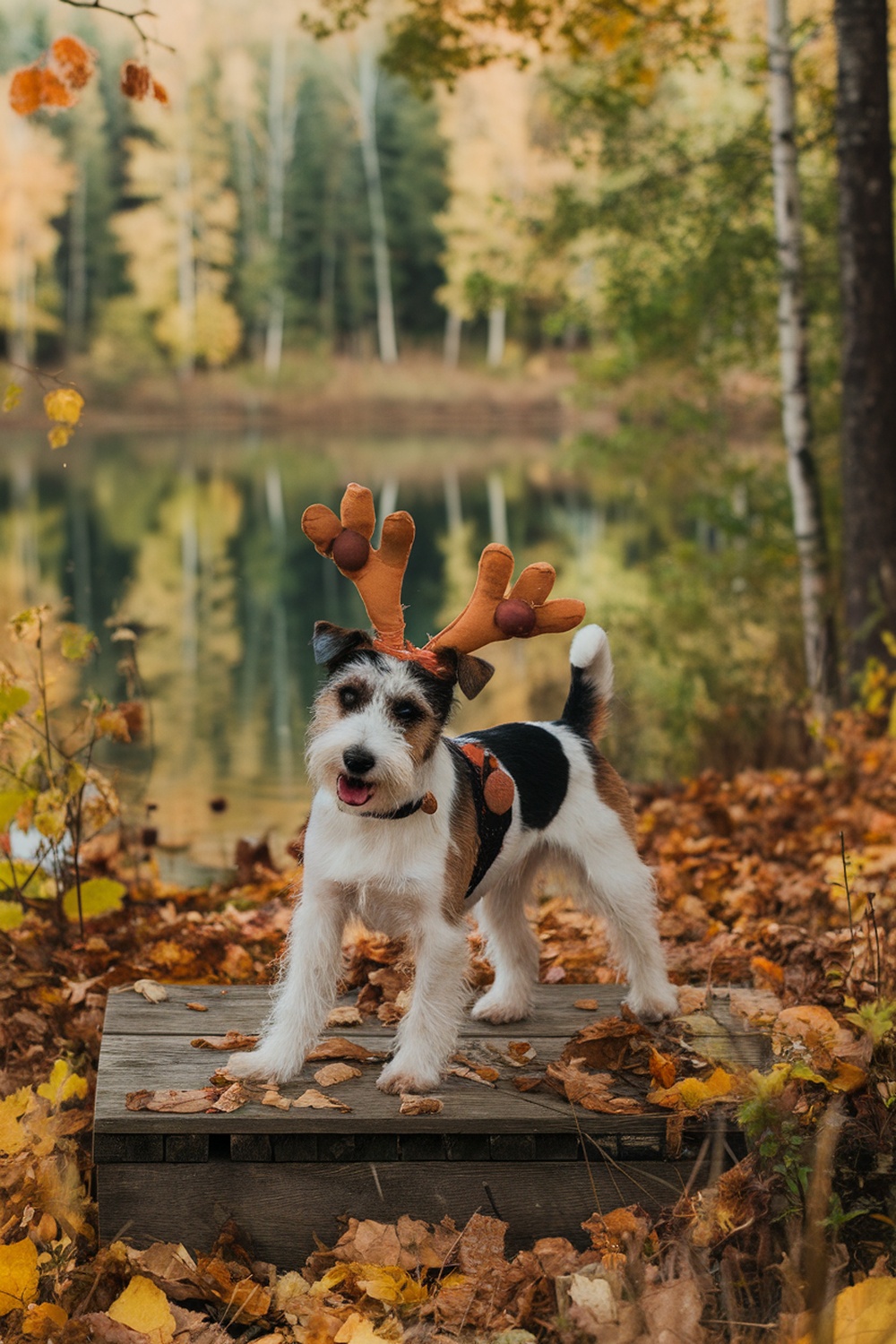 A terrier wearing acorn antlers in a fall setting