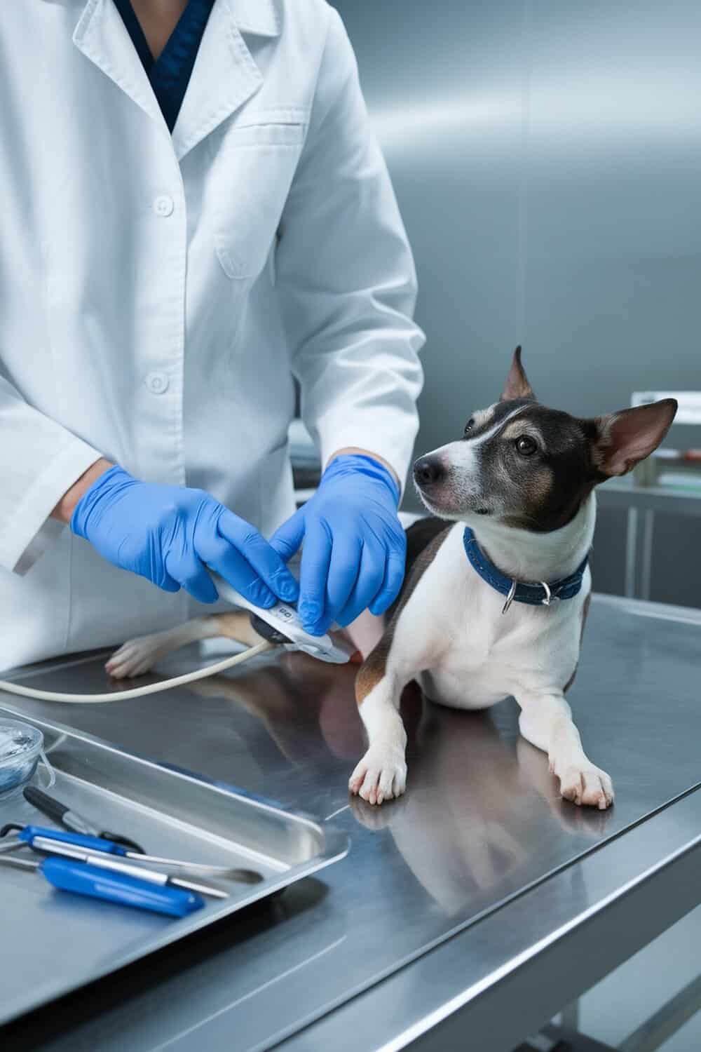 A veterinarian in a white coat examines a Rat Terrier on a stainless steel table.