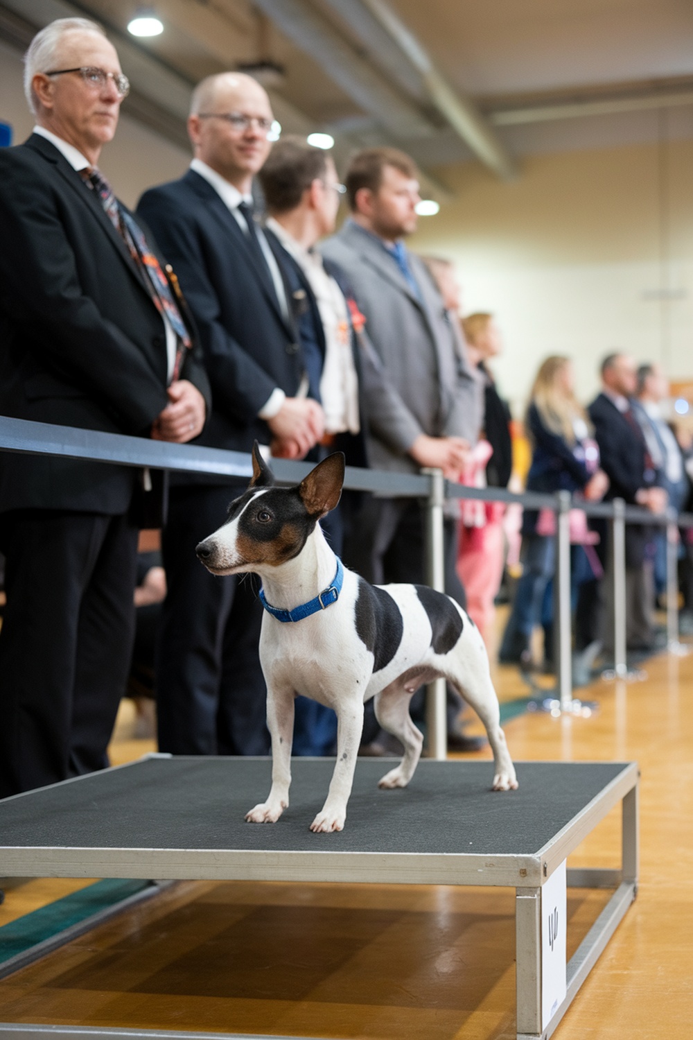 A Rat Terrier on a stage at a dog show, with judges and spectators in the background.