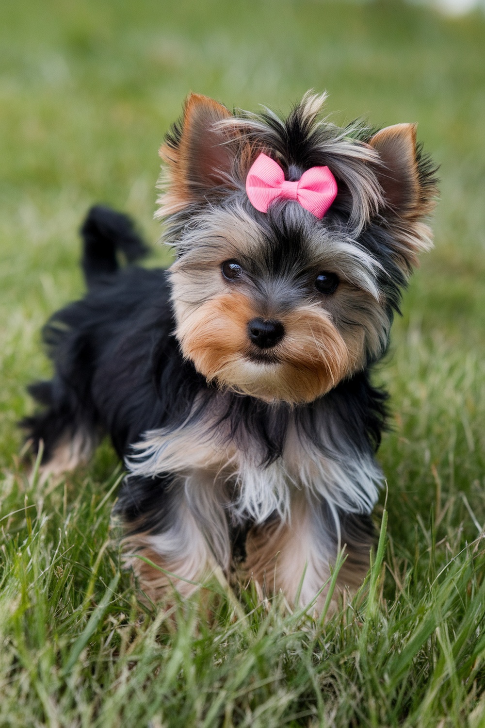 A playful Yorkie puppy with a pink bow, running in the grass.