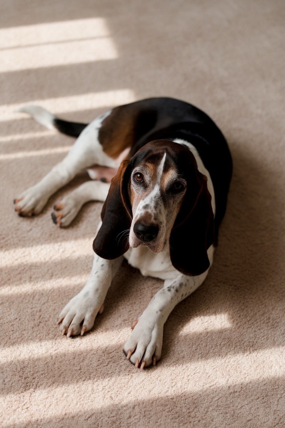 A Basset Hound and Terrier mix lying on a carpet.