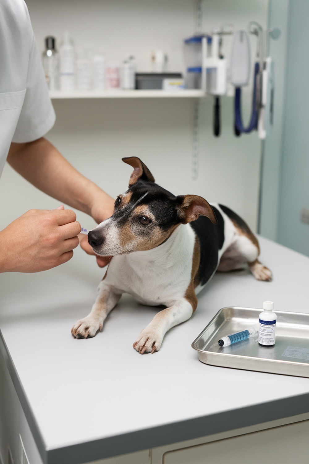 A Rat Terrier receiving a vaccination at a veterinary clinic.