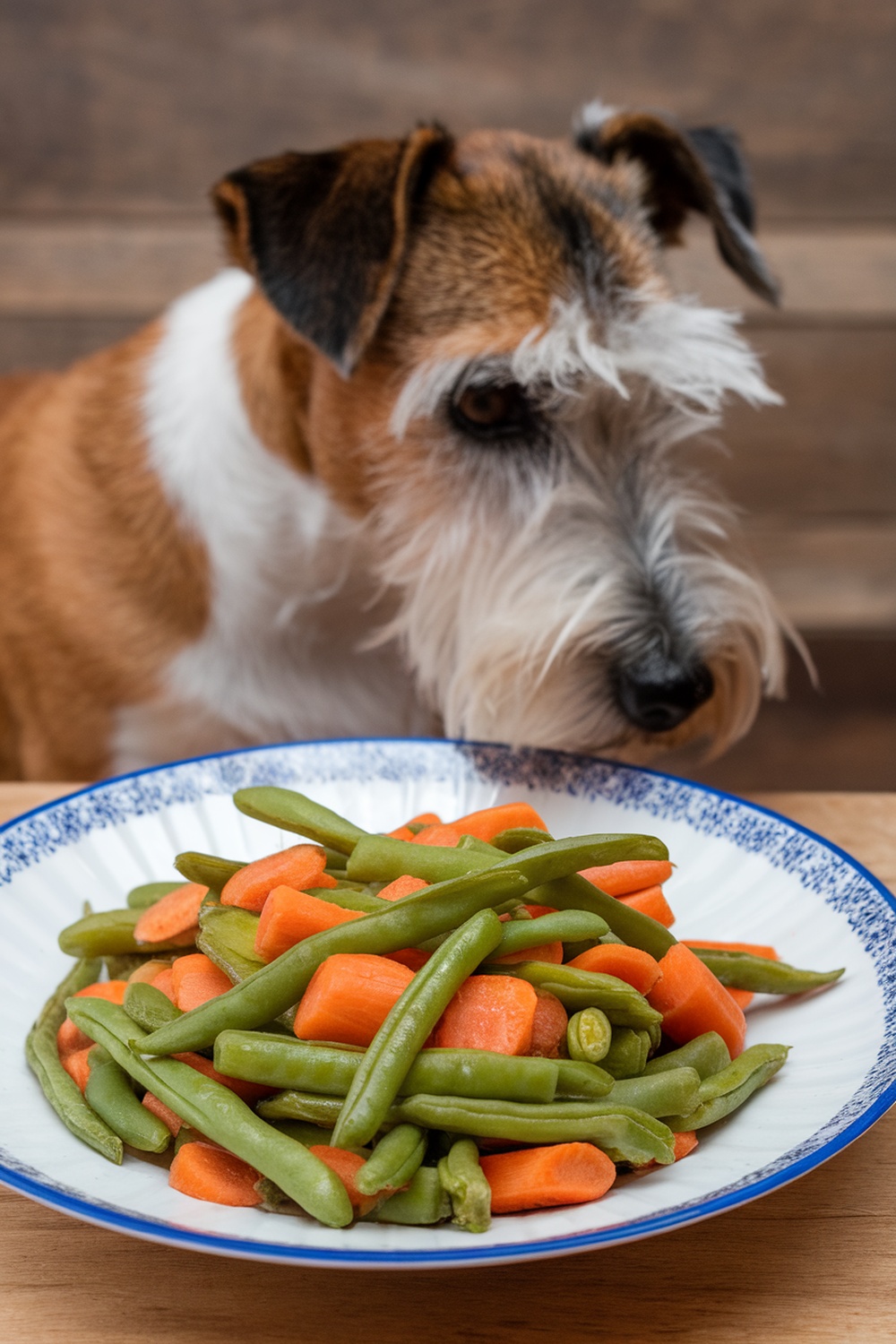 A plate of green beans and carrots with a terrier dog looking at it.