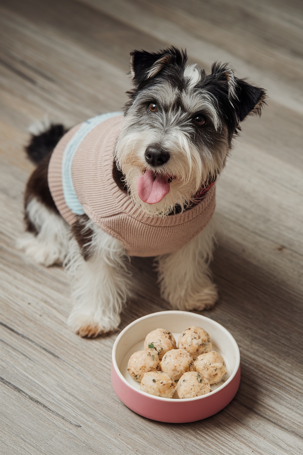 A Terrier dog sitting next to a bowl of chicken and rice balls.