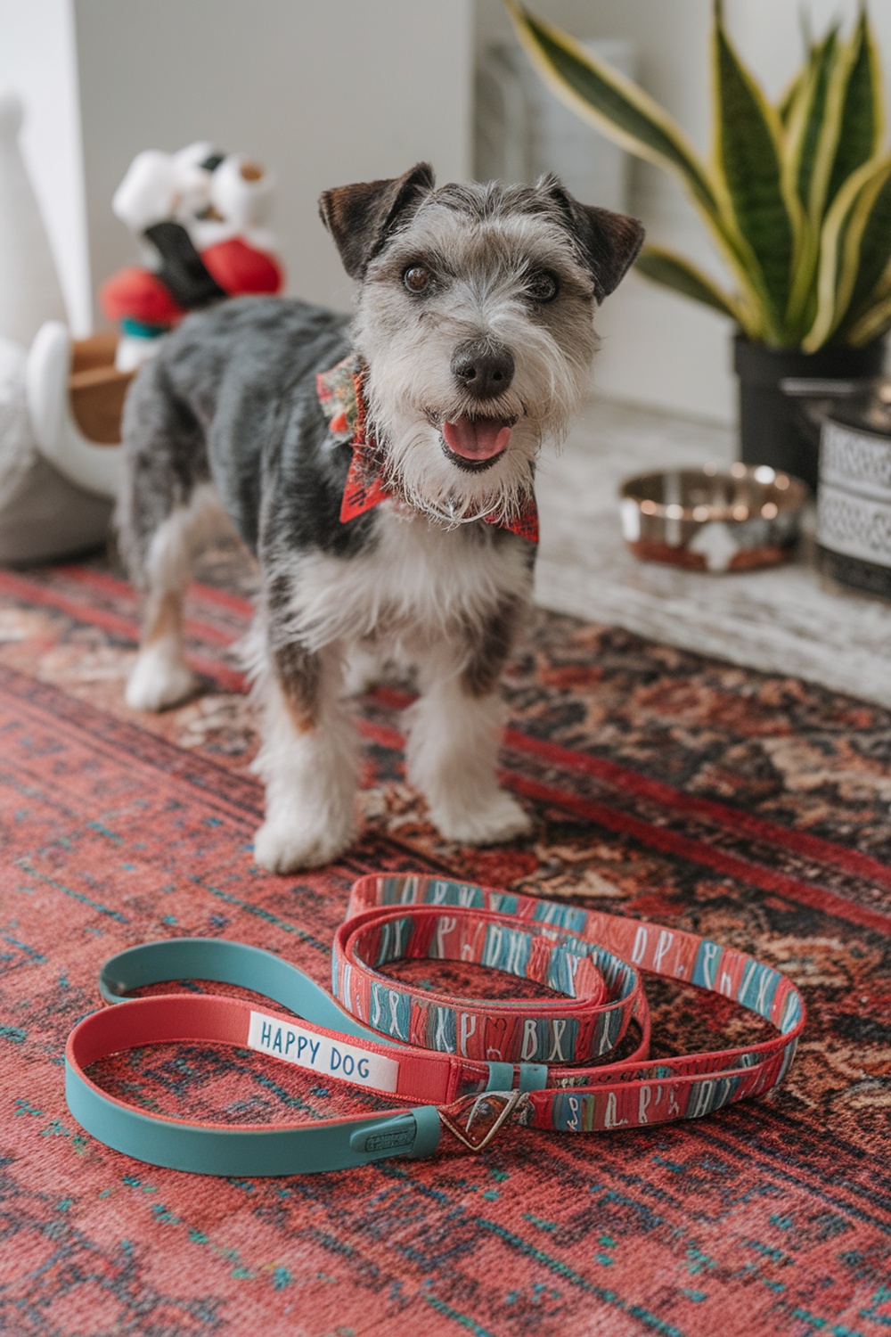Customized dog leashes with a happy terrier in a cozy setting