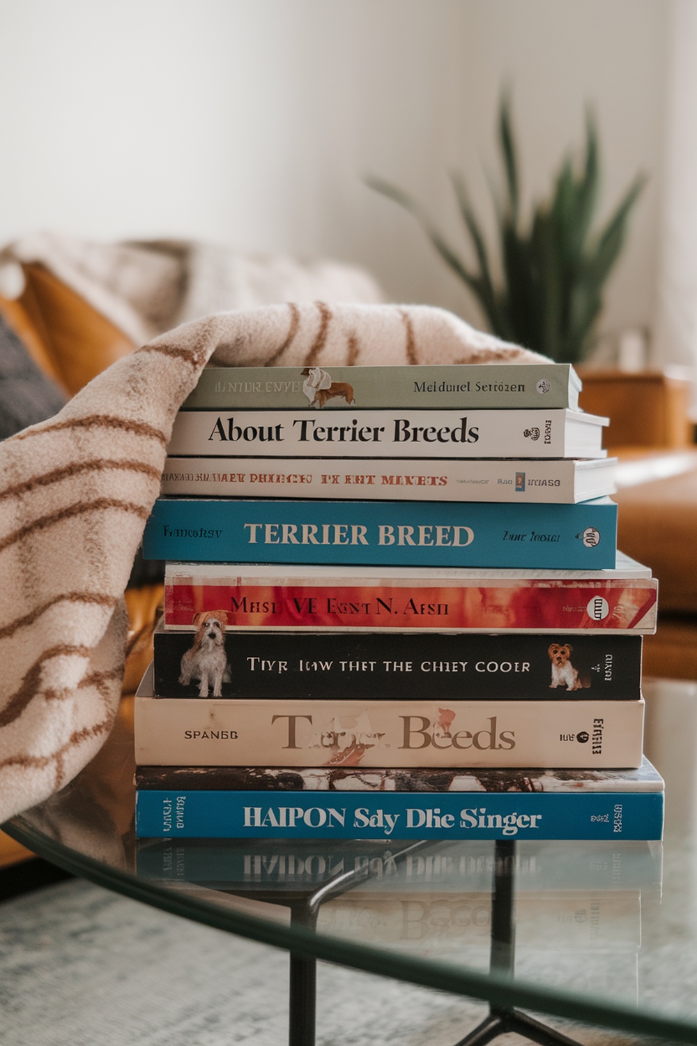 Stack of books about terrier dog breeds on a glass table.