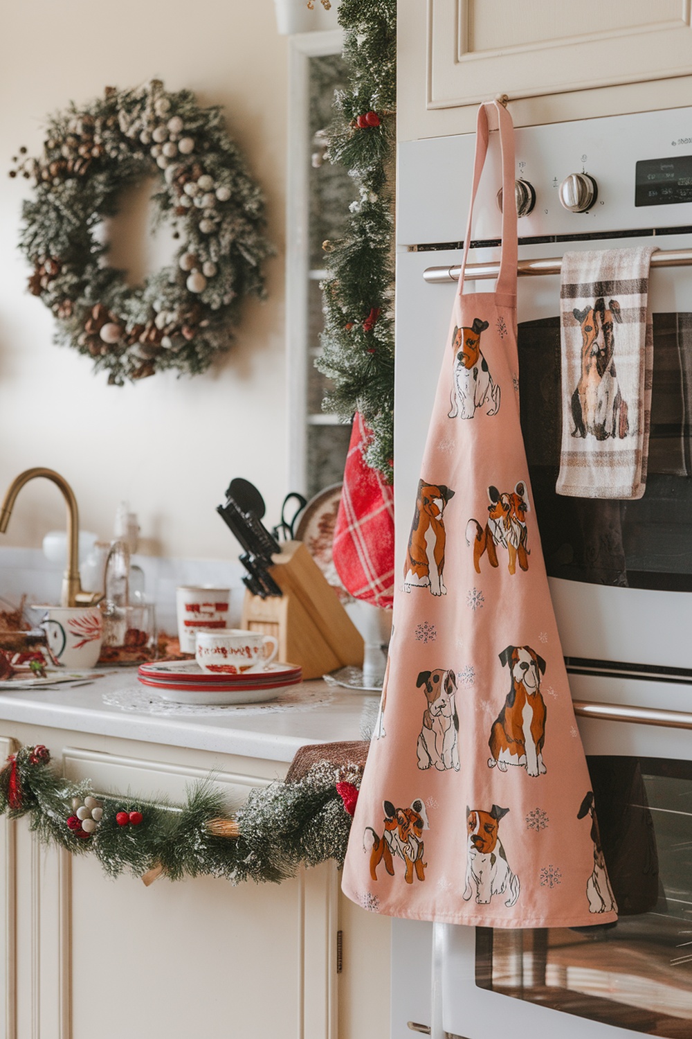 A pink apron with terrier illustrations hanging in a cozy kitchen decorated for Christmas.