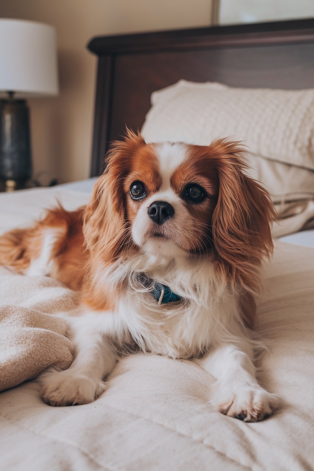 A Cavalier King Charles Spaniel and Terrier mix lying on a bed.