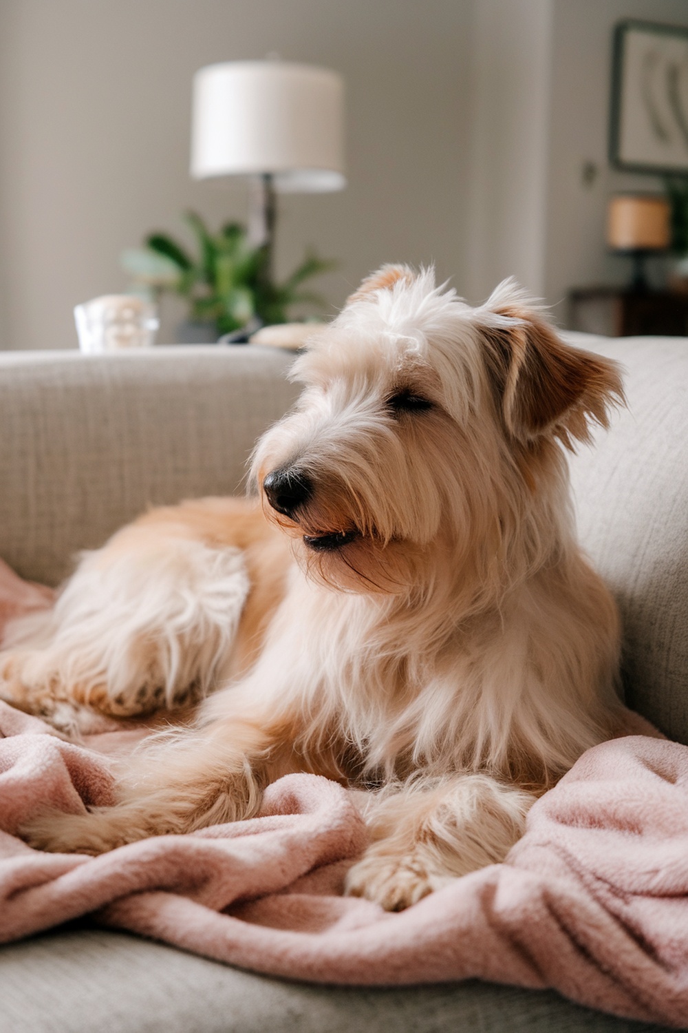 A Soft Coated Wheaten Terrier relaxing on a couch with a pink blanket.
