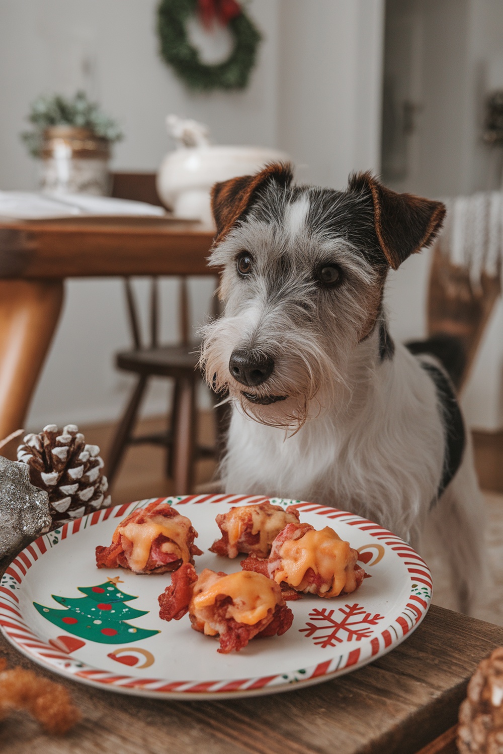 A terrier dog looking at a plate of cheesy bacon bites on a festive plate.