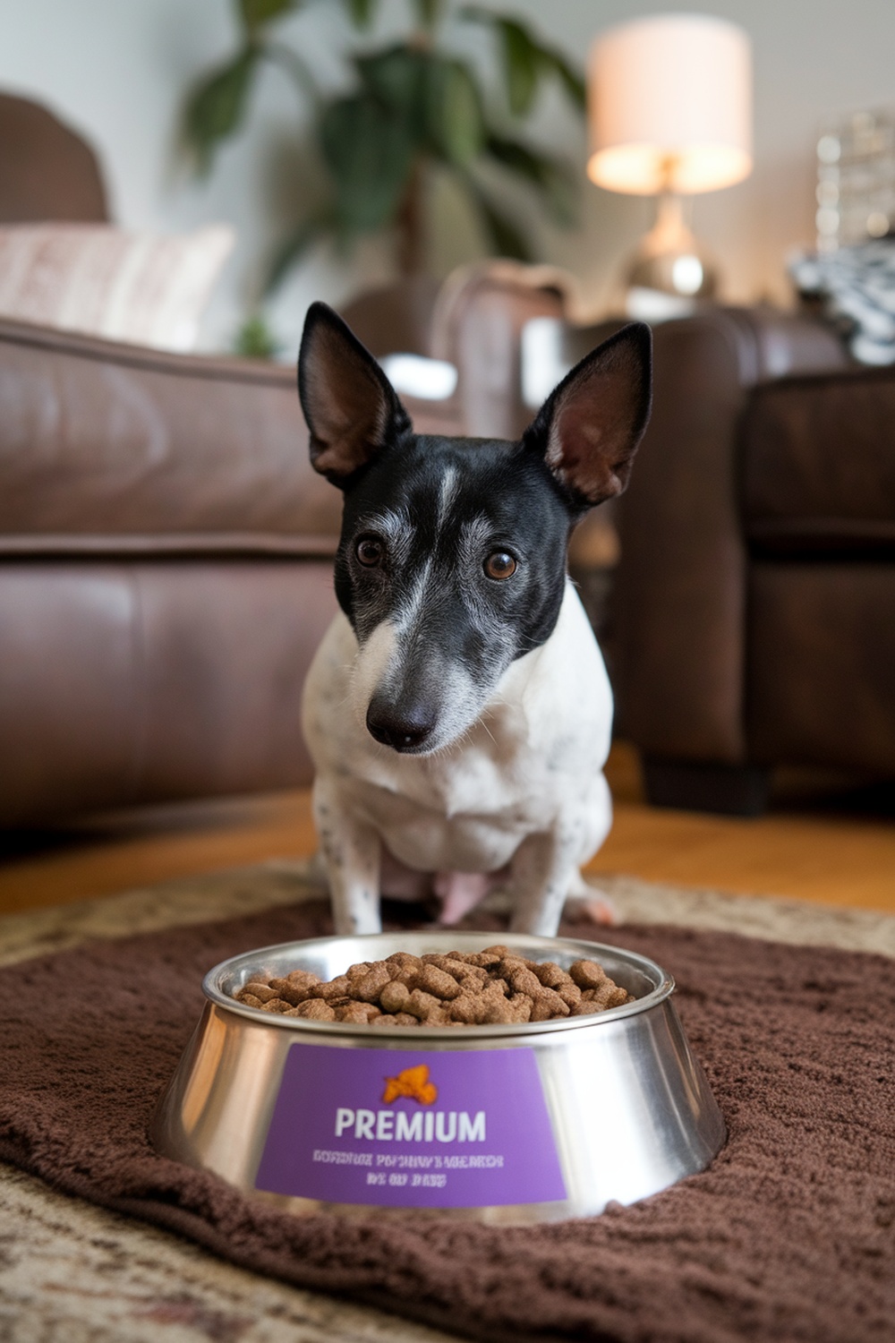 A Rat Terrier sitting next to a bowl of premium dog food.
