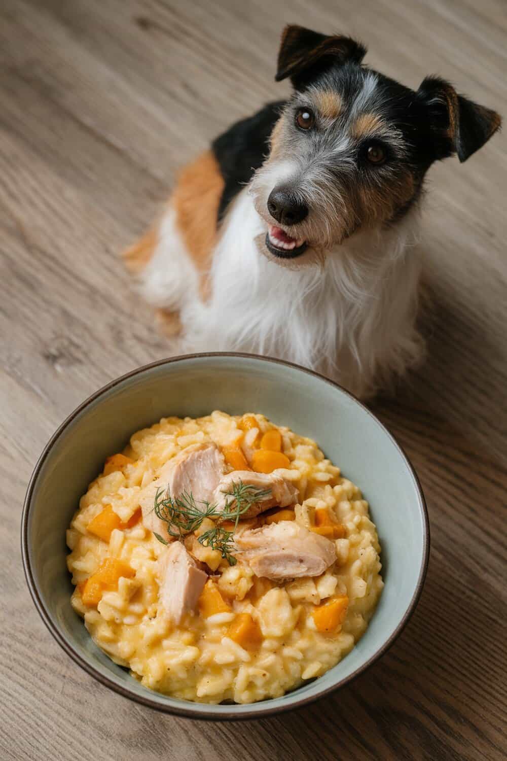 A bowl of chicken and pumpkin risotto with a happy terrier dog looking on.