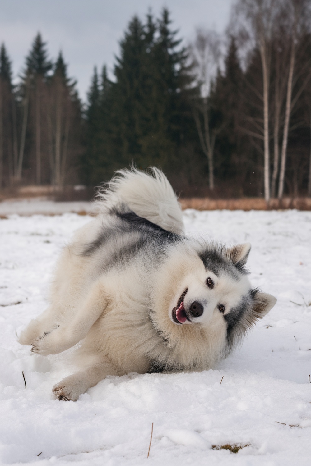A happy American Eskimo Dog rolling in the snow.