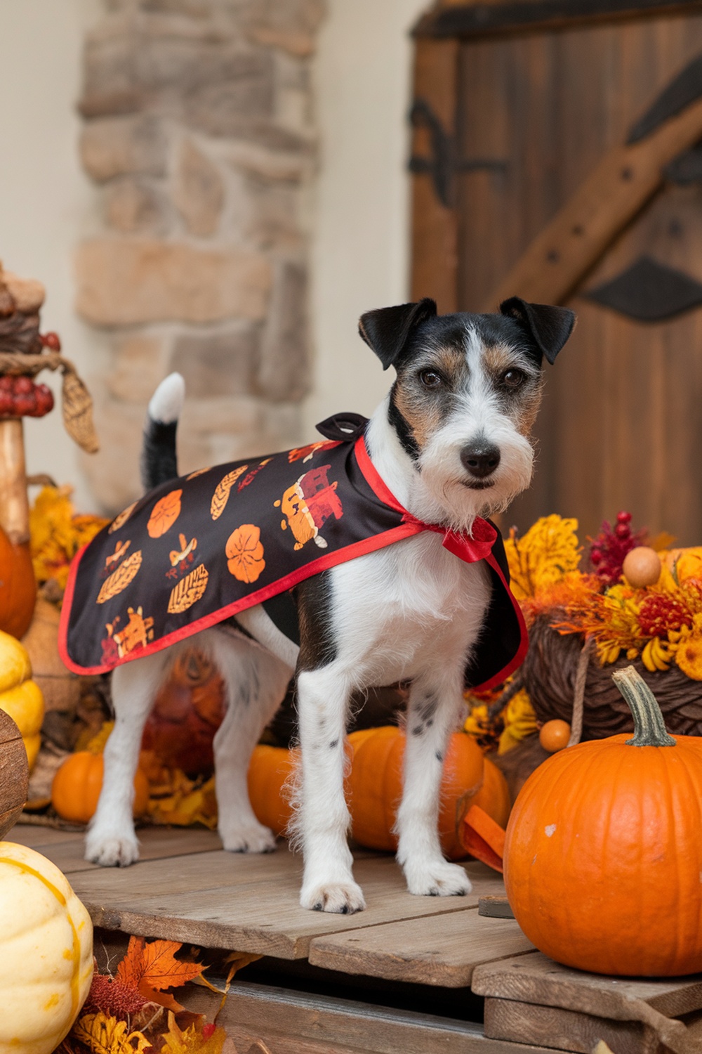 A terrier wearing a Thanksgiving spirit cape with autumn designs, surrounded by pumpkins and fall decorations.