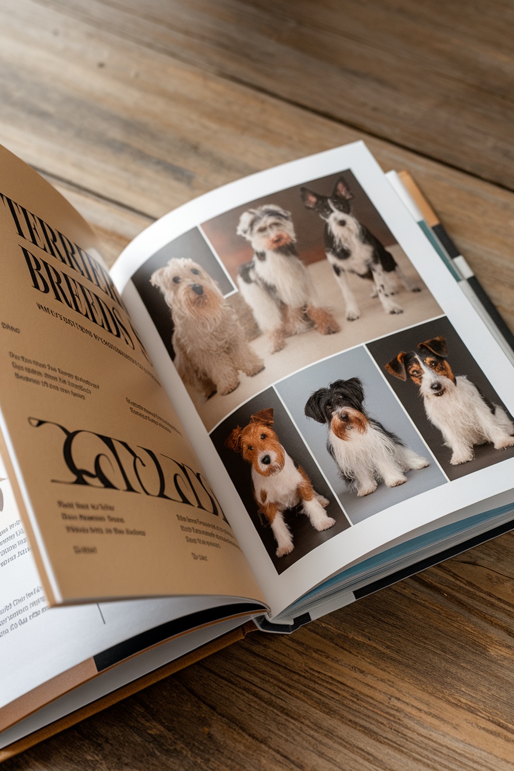 Open coffee table book featuring various terrier breeds with photographs and text.