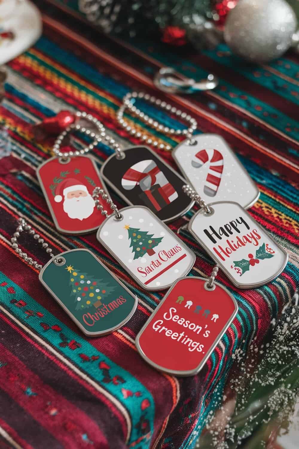 Colorful personalized dog tags with holiday themes on a festive table.