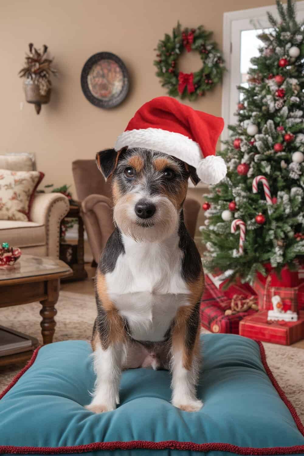 A terrier dog wearing a Santa hat, sitting on a cushion with a festive background.