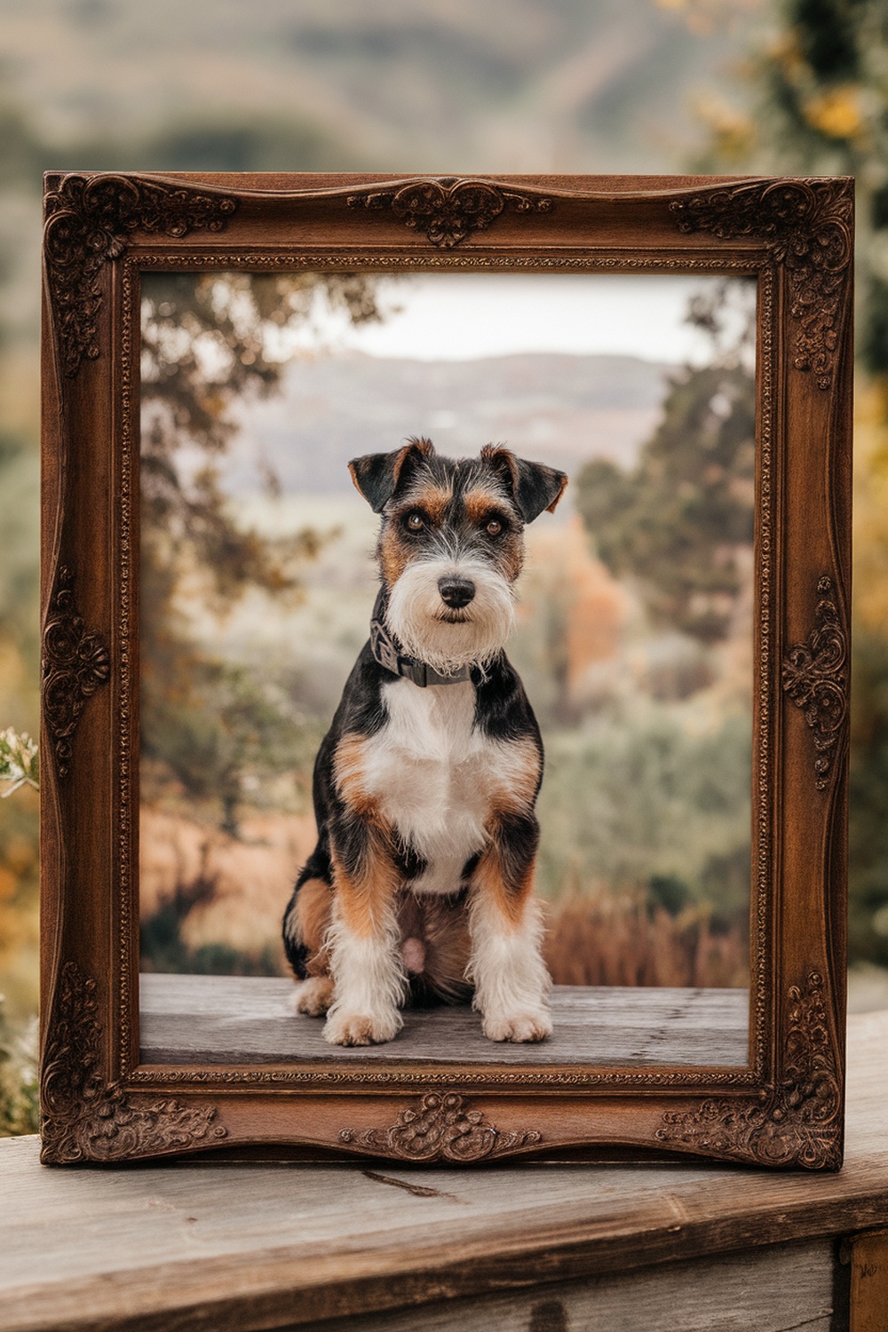 A framed portrait of a terrier dog sitting outdoors.