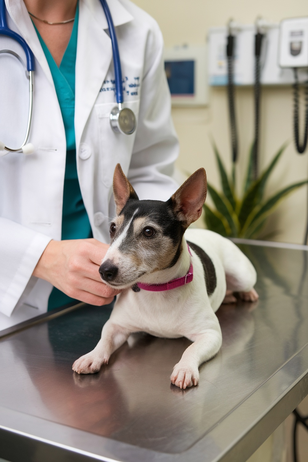 A Rat Terrier at the vet being examined by a veterinarian.