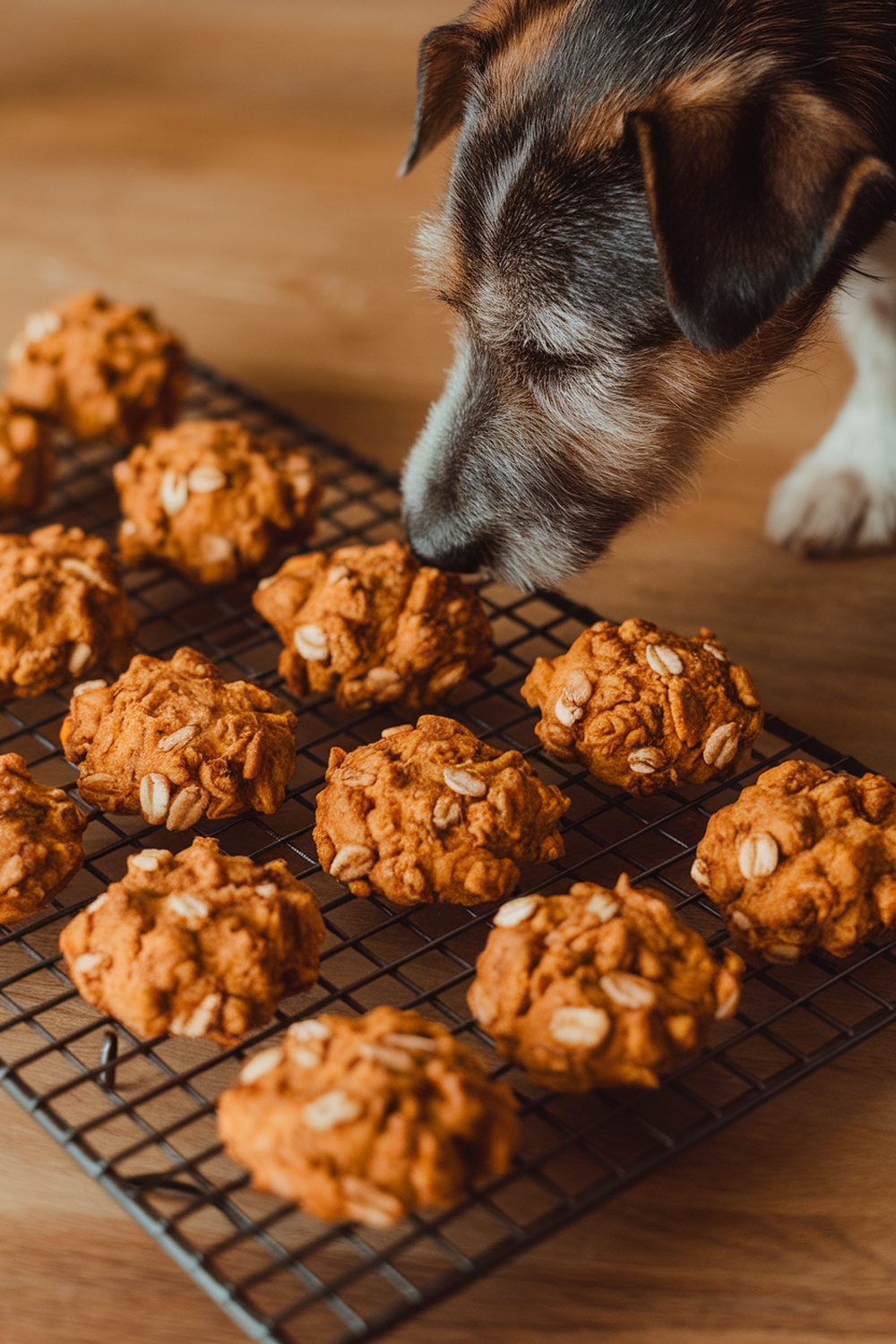 A close-up of pumpkin and oatmeal cookies on a cooling rack with a terrier dog sniffing them.