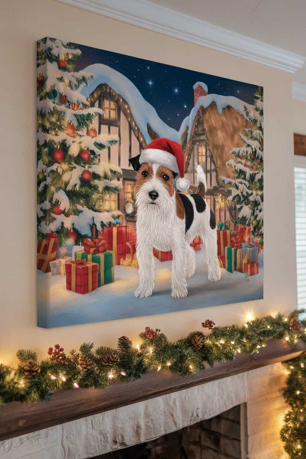 A festive terrier dog wearing a Santa hat in a winter scene with gifts and a decorated tree.
