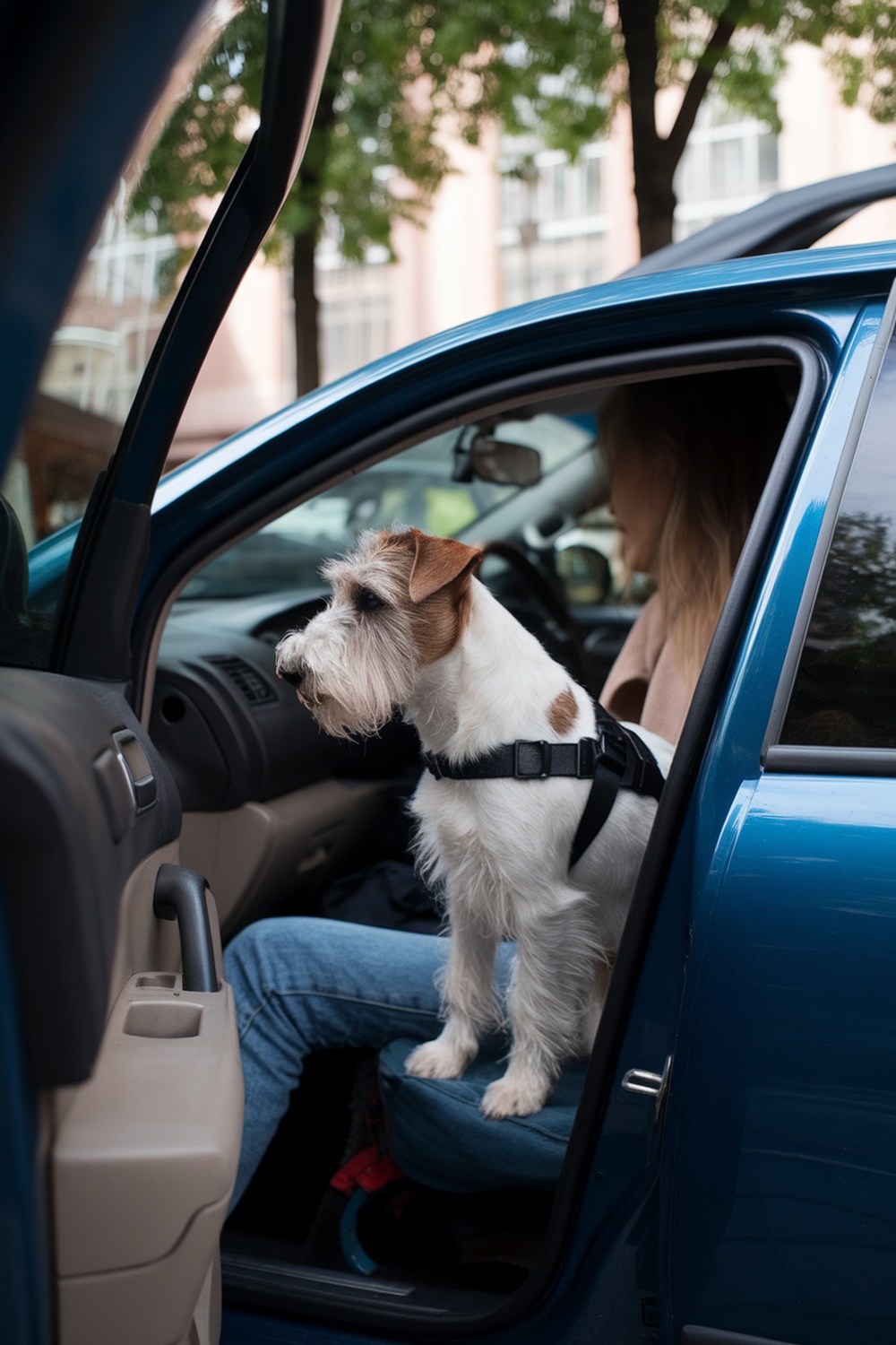 A terrier dog sitting in a car, looking out the open door.