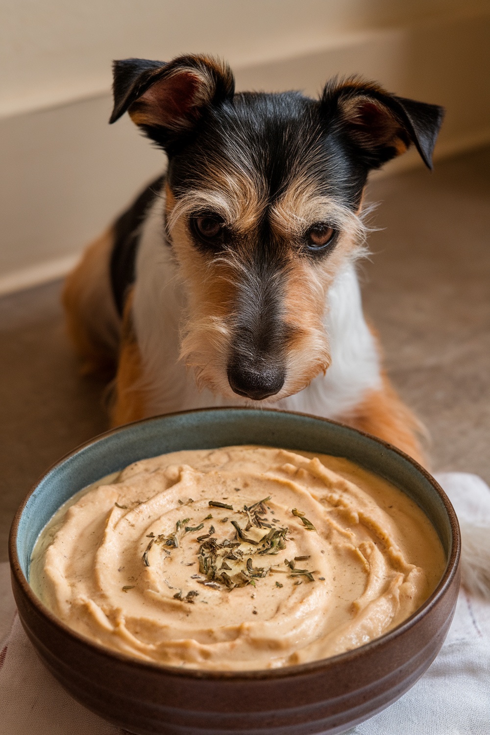 A terrier dog looking at a bowl of turkey and potato pudding.