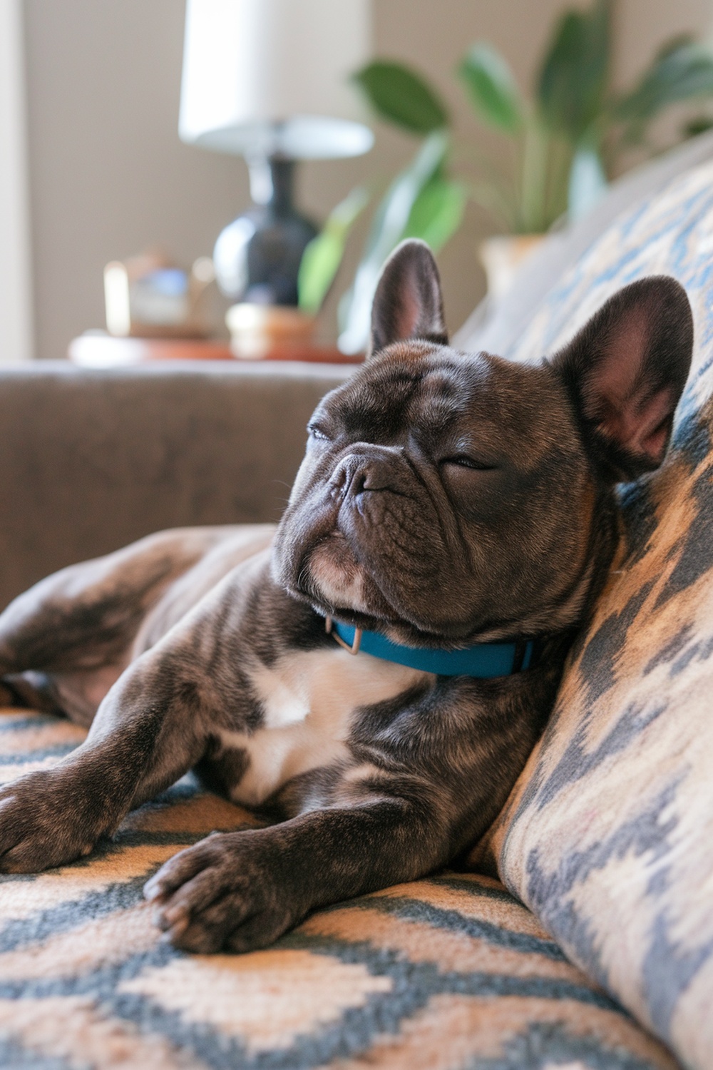 A relaxed French Bulldog lounging on a couch.