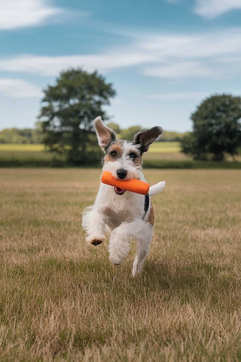 A terrier dog joyfully running with a toy in its mouth on a grassy field.