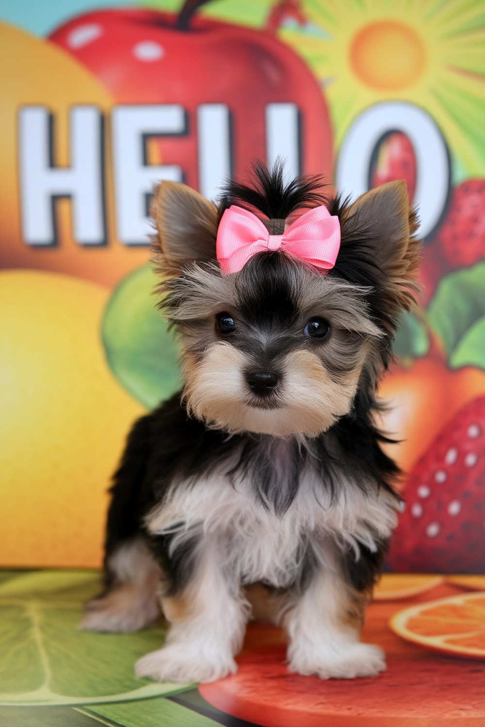 Yorkie puppy with a pink bow in front of a colorful background