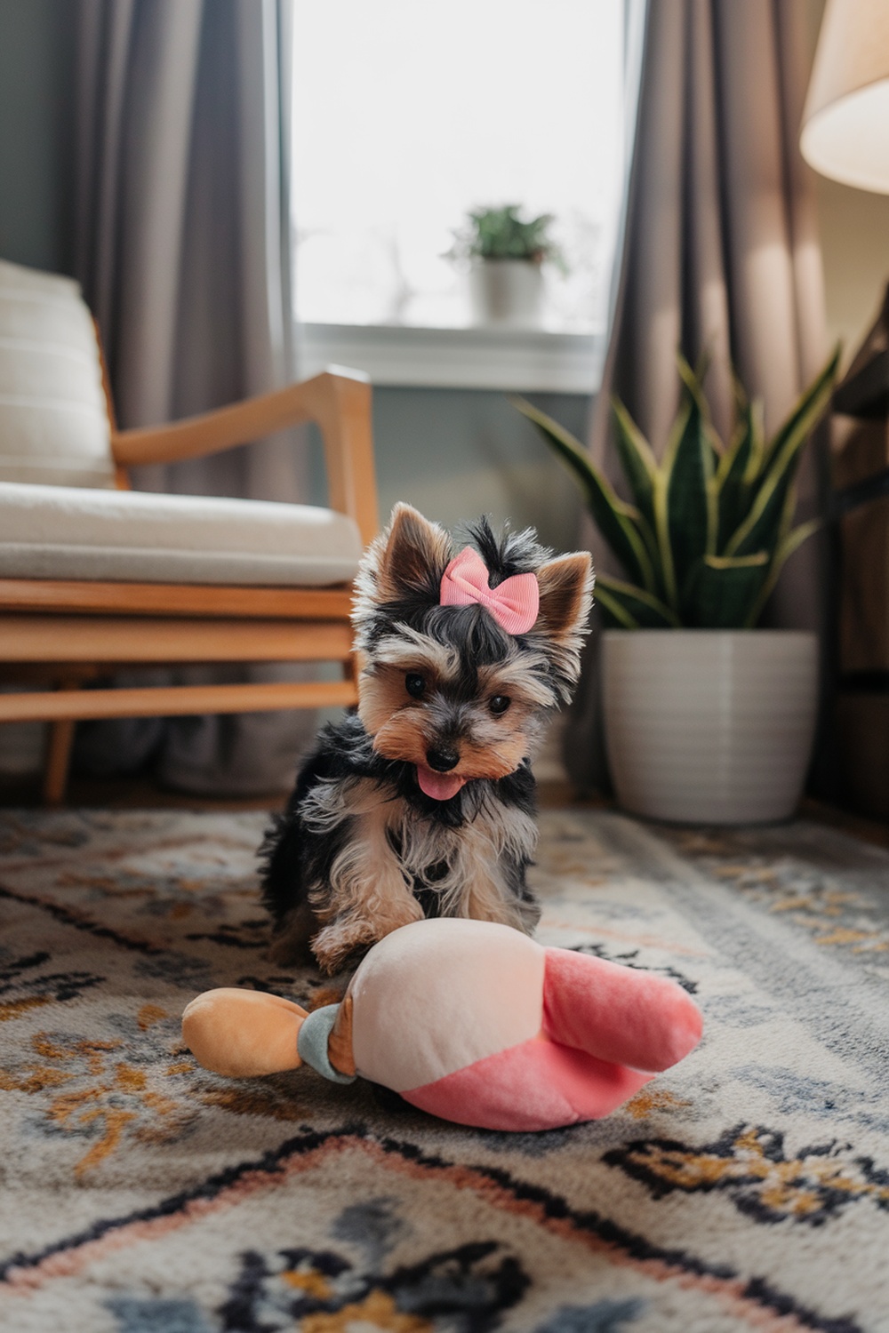 A Yorkie puppy with a pink bow playing with a toy in a cozy room.