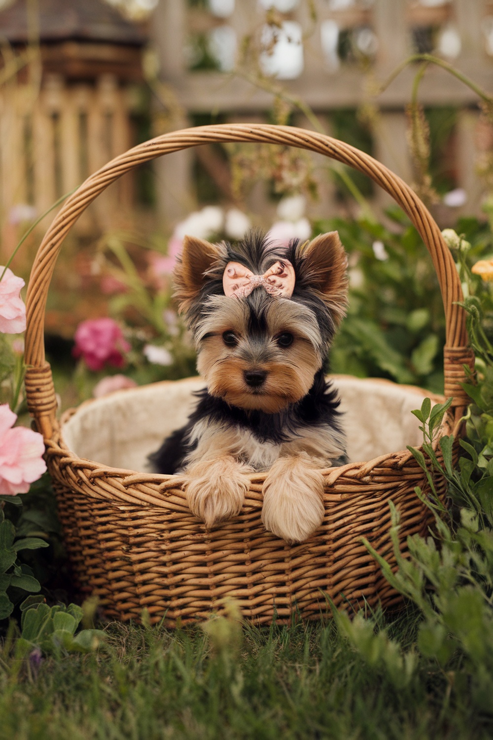 Yorkie puppy with a vintage bow sitting in a basket surrounded by flowers.