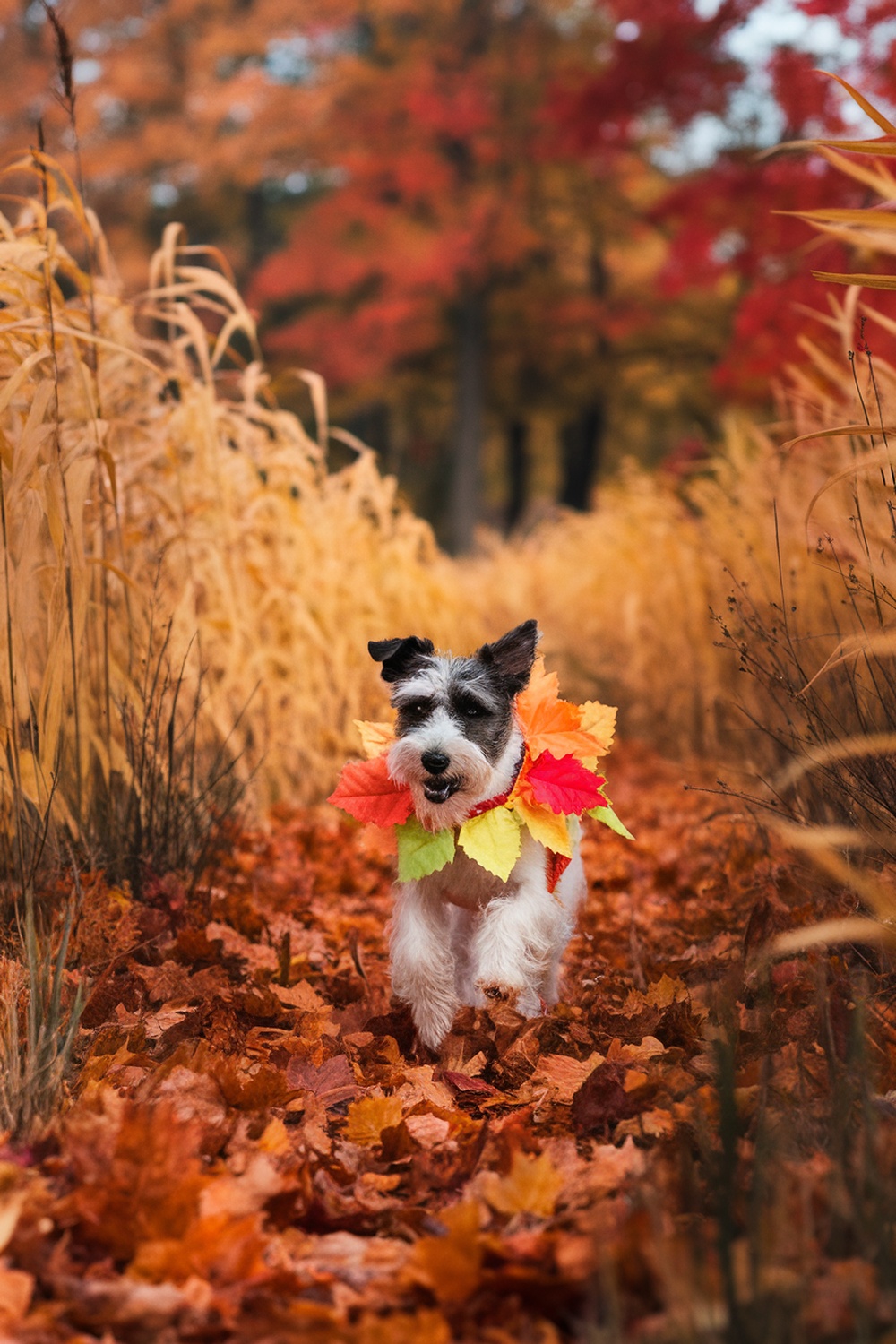 A terrier wearing a colorful autumn leaves outfit running through a field of fallen leaves.