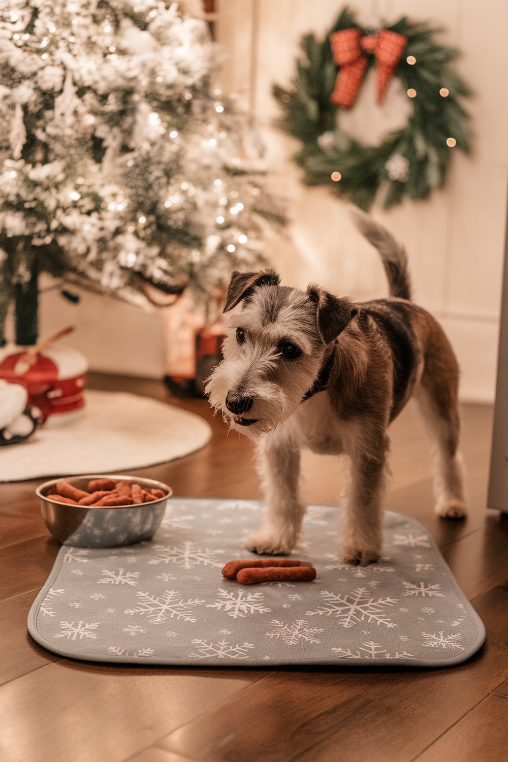 A Terrier dog standing on a festive mat with treats nearby, surrounded by holiday decorations.