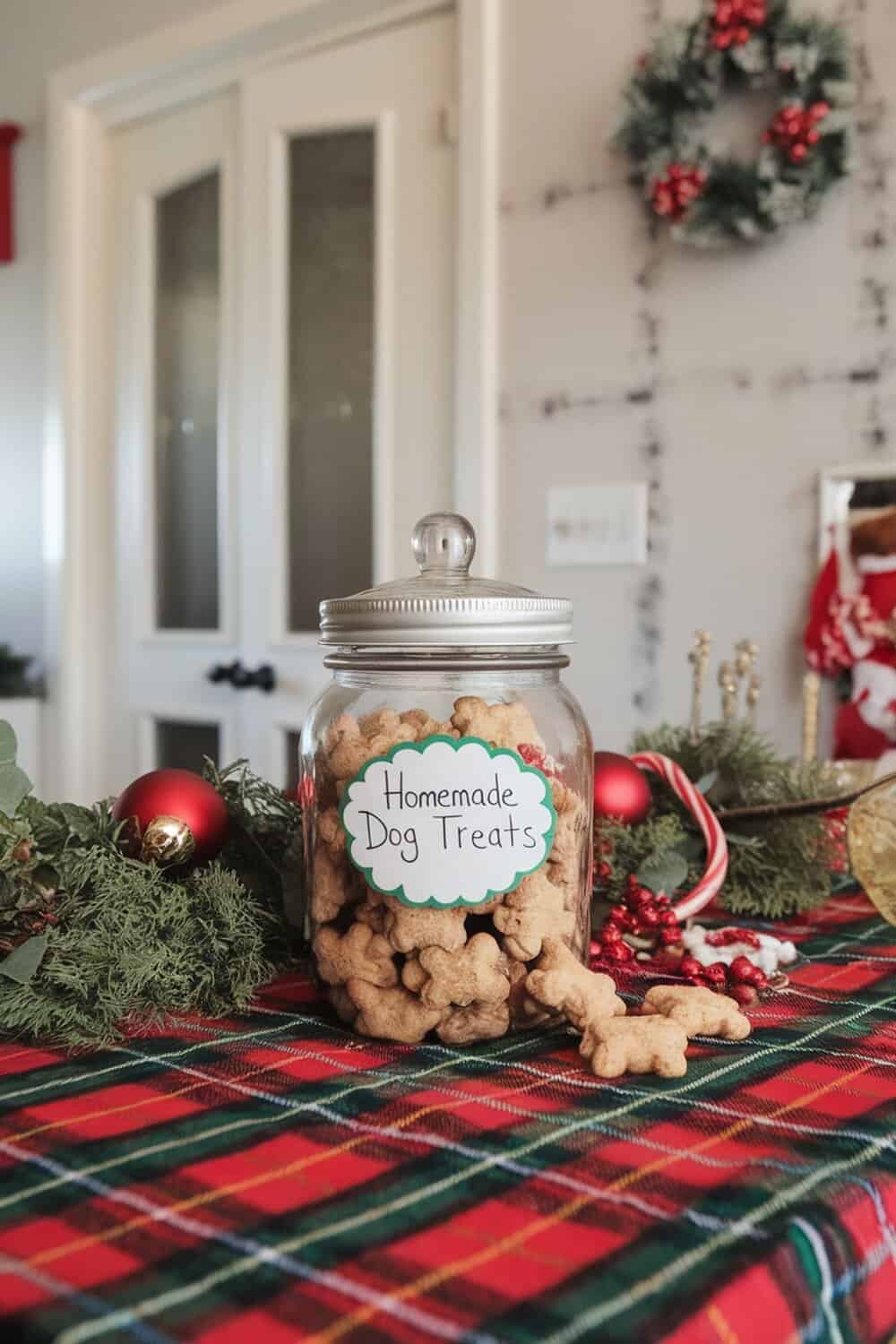 A glass jar filled with homemade dog treats, labeled 'Homemade Dog Treats', surrounded by festive decorations.