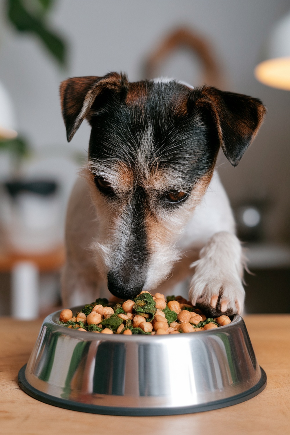 A terrier dog curiously looking at a bowl of colorful dog food.