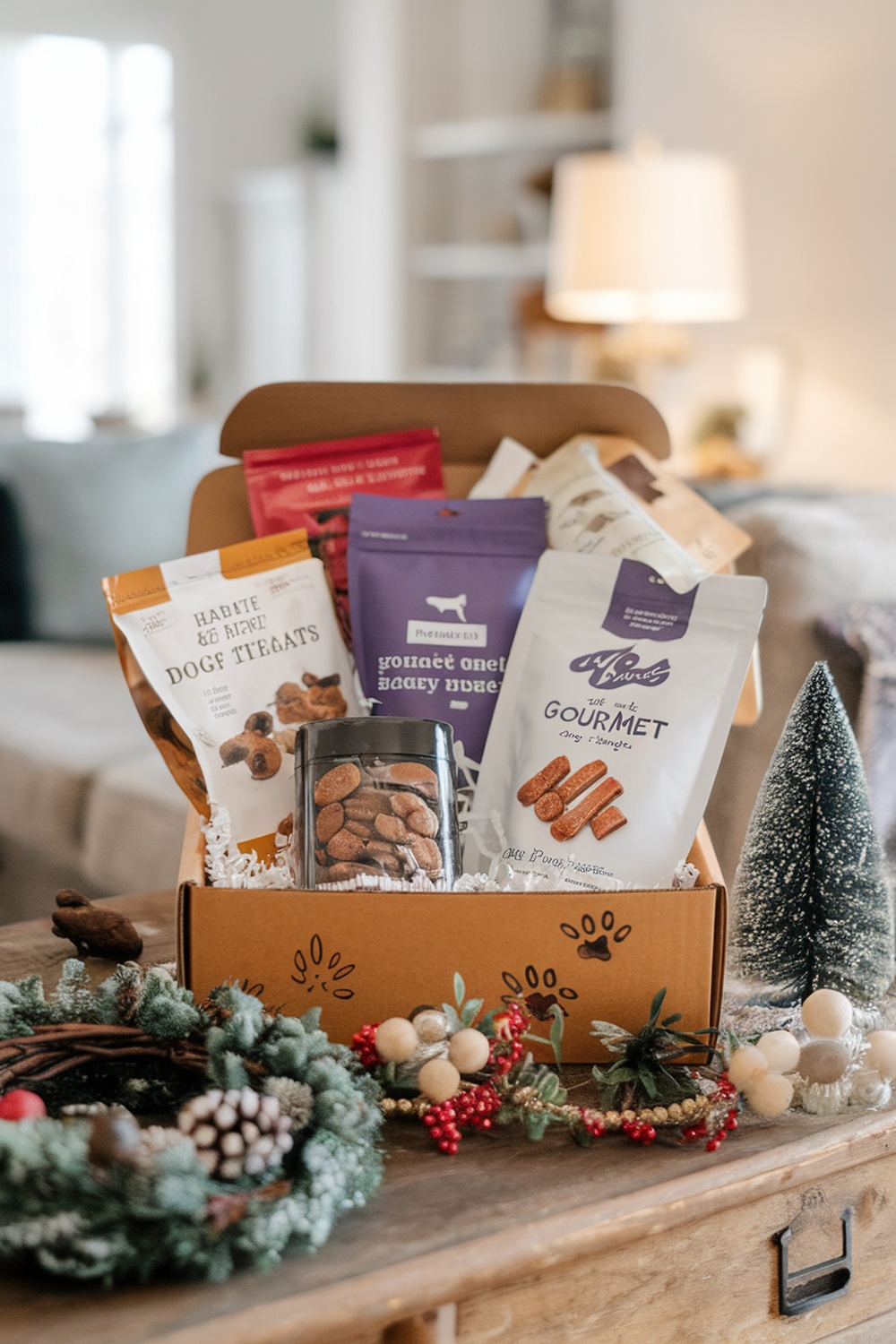 A subscription box filled with various dog treats, surrounded by festive decorations.