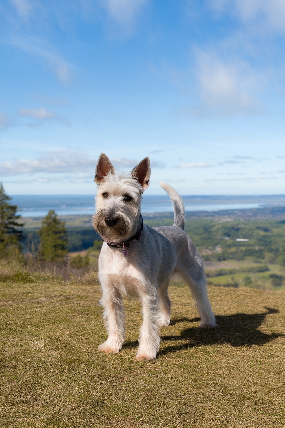 A Scottish Terrier mix standing on grass with a scenic view in the background.