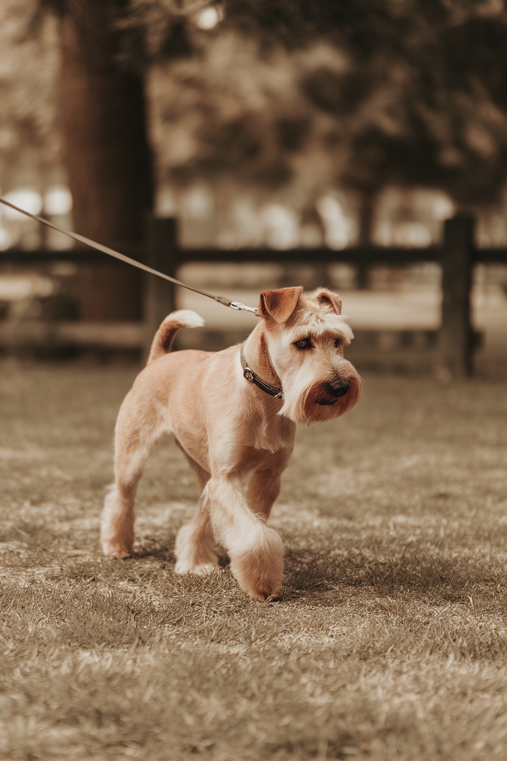 A Silky Terrier walking on a leash in a park.