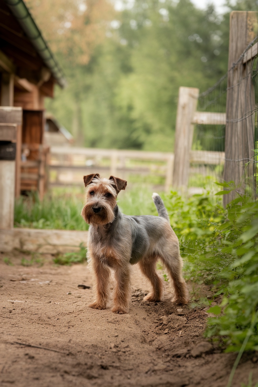 An Irish Terrier standing outdoors, showcasing its fluffy coat and alert expression.