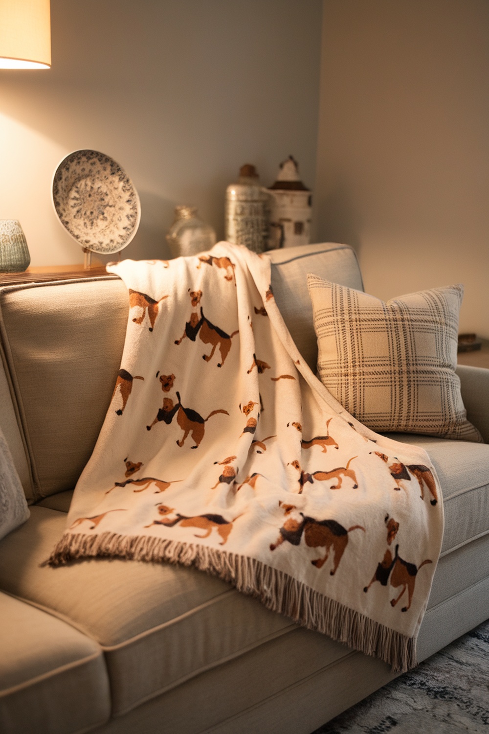 A cozy throw blanket featuring terrier dog designs draped over a sofa.