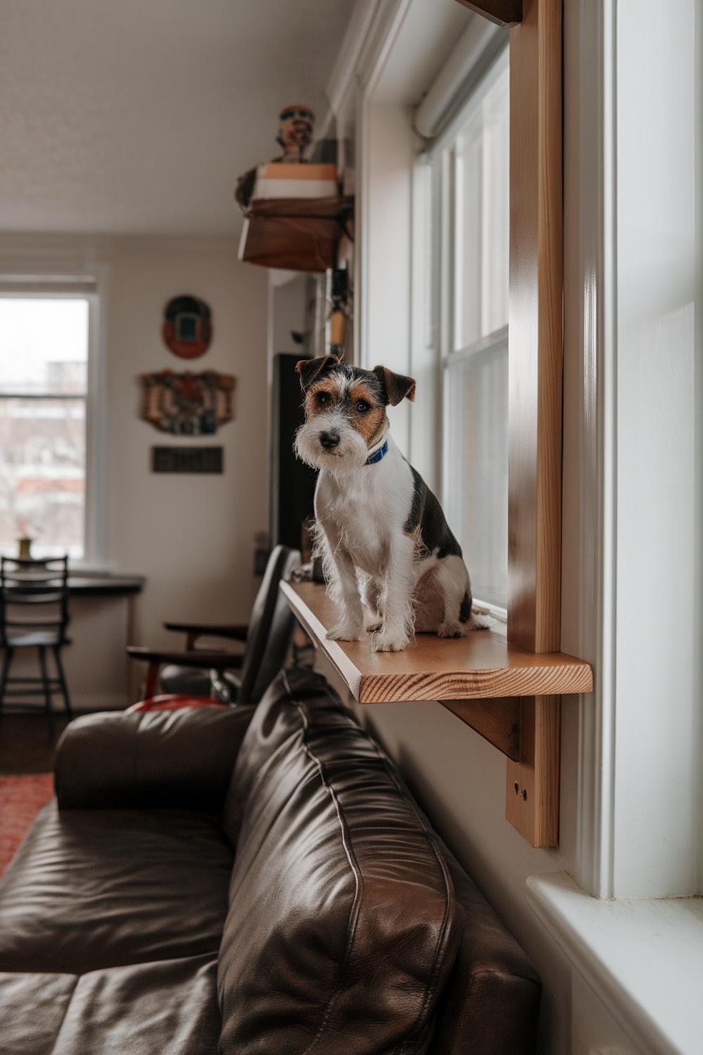 A terrier dog sitting on a wooden shelf in a cozy living room.