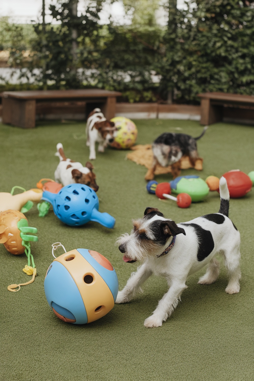 Terriers playing with various interactive dog toys in a green outdoor area.