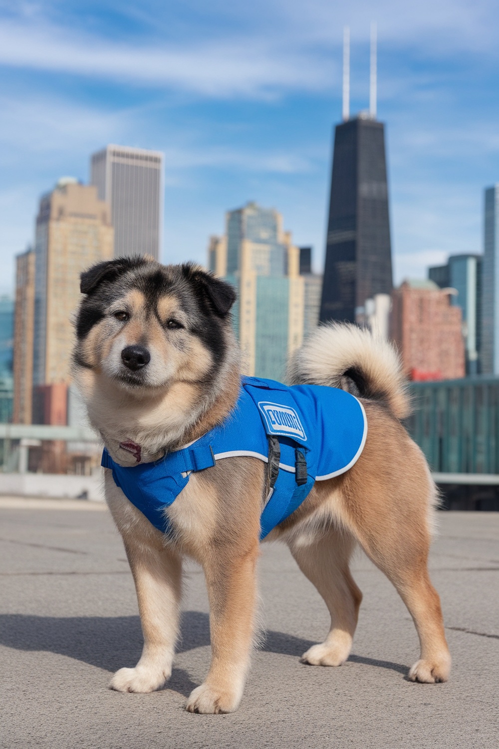 A Chow Terrier mix dog wearing a blue harness in an urban setting.