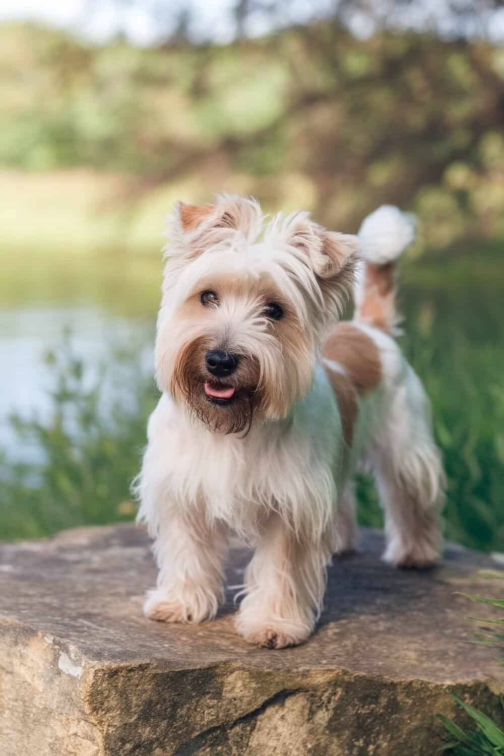 A Dandie Dinmont Terrier standing on a rock by a lake, showcasing its fluffy coat and friendly expression.